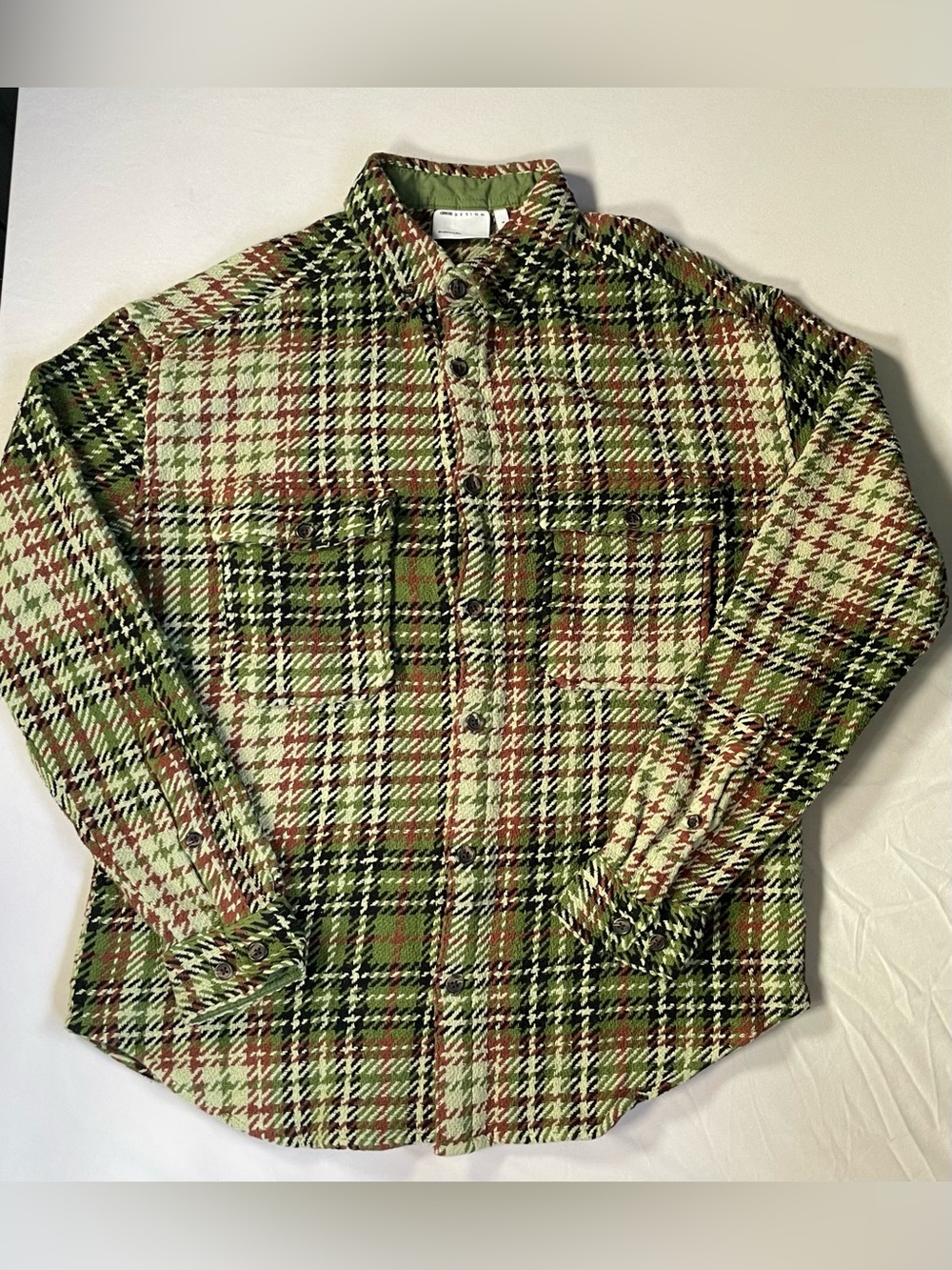ASOS Men's Plaid Herringbone Long Sleeve Shacket Button-Up Shirt Pockets Green S